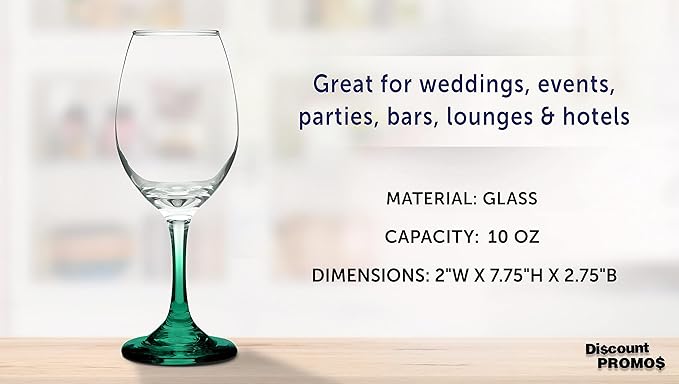 DISCOUNT PROMOS Rioja Wine Glasses with Stem 10 oz. Set of 10, Bulk Pack - Color Bottom, Perfect for Wedding, Party Favors, Birthday, Bridal Shower Gifts - Green