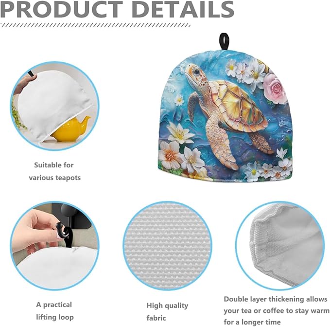Sea Turtle Flower Print Large Tea Pot Cozies Kettle Quilt Dust Cover Insulated Warming Teapot Dust Cover for English Tea Sets Home Kitchen Decorative Accessories