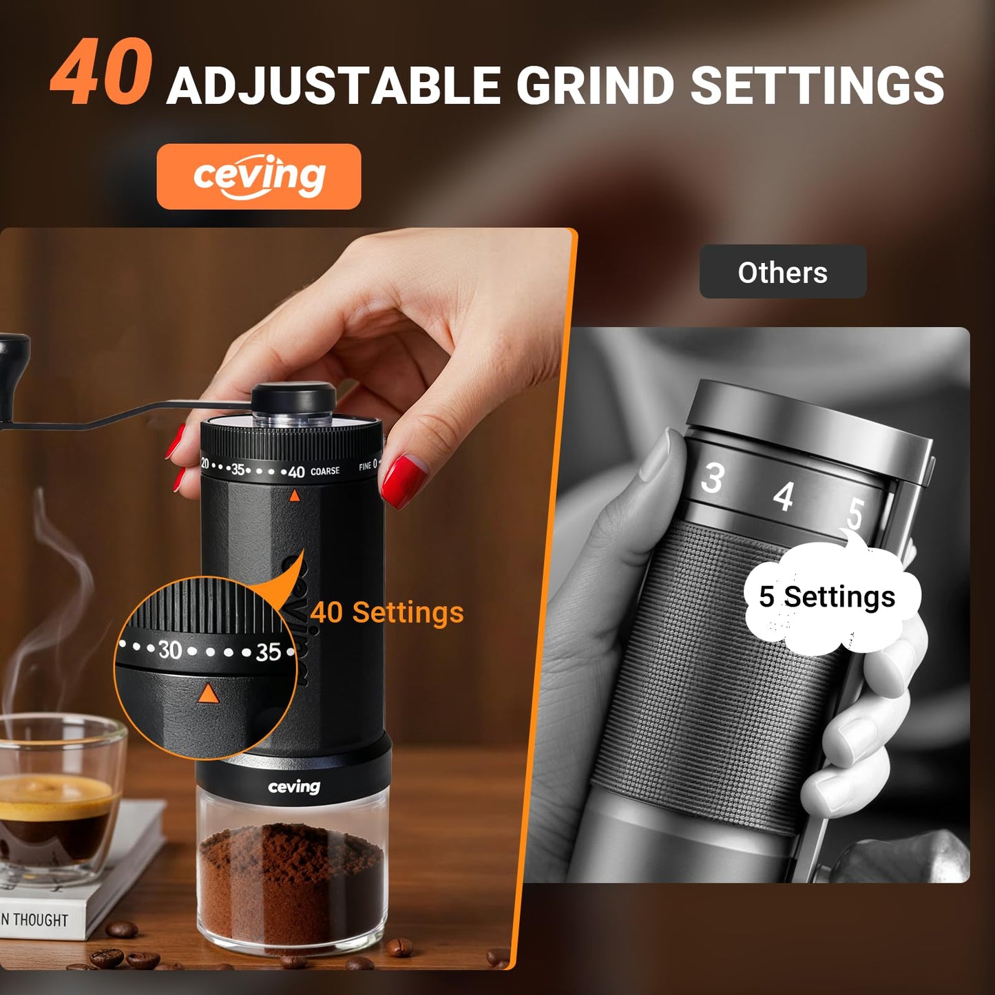 CEVING World's First 60g Large Capacity Manual Coffee Grinder, Black