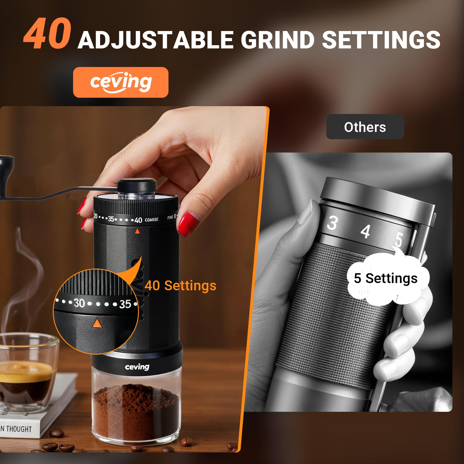 CEVING World's First 60g Large Capacity Manual Coffee Grinder, Black