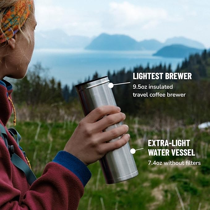 ESPRO P0 Ultralight French Press Coffee Maker for Travel, Vacuum Insulated Stainless Steel, 16 Ounces, Brushed Stainless Steel