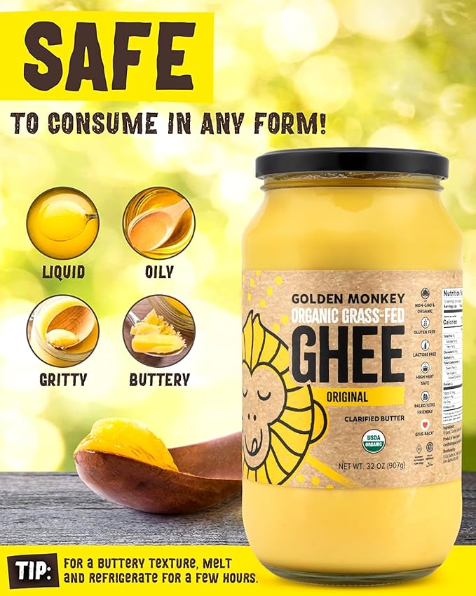 GOLDEN MONKEY Organic Ghee Butter ??Grass Fed Clarified Butter for Cooking, Baking, Keto & Gut Health ??Ghee Butter Organic Grass Fed from Small Farms ??Smooth Spread with High Smoke Point (32oz)