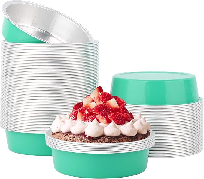 Beasea Disposable Baking Cups, 100 Pack 7.3oz 215ml Aluminum Ramekins Foil Baking Cups 4" Ramekin Cup Cupcake Aluminum Mini Baking Cups No Lids for Party - Elegant Blue