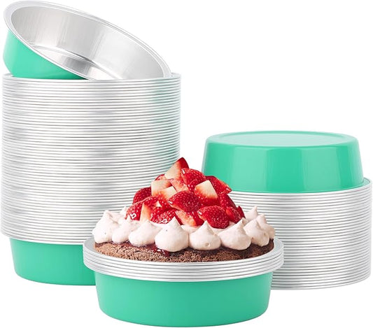 Beasea Disposable Baking Cups, 100 Pack 7.3oz 215ml Aluminum Ramekins Foil Baking Cups 4" Ramekin Cup Cupcake Aluminum Mini Baking Cups No Lids for Party - Elegant Blue