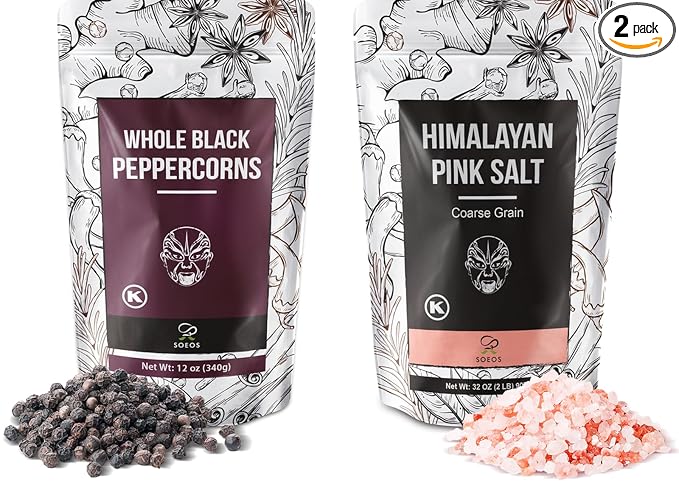 Soeos Whole Black Peppercorns 12oz + Himalayan Pink Salt 2lb, Salt and Pepper for Grinders, Black Peppercorn Refil, Pink Himalayan Sea Salt, 2 Piece Set