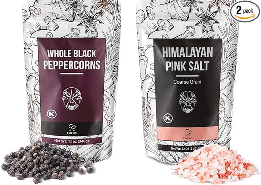 Soeos Whole Black Peppercorns 12oz + Himalayan Pink Salt 2lb, Salt and Pepper for Grinders, Black Peppercorn Refil, Pink Himalayan Sea Salt, 2 Piece Set
