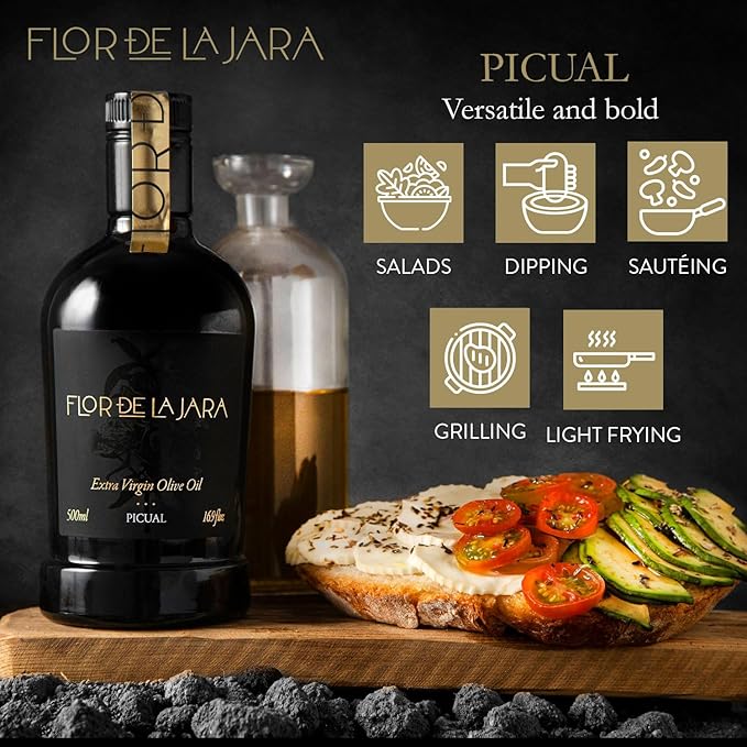 FLOR DE LA JARA Premium Extra Virgin Olive Oil from Spain, First Cold Pressed, Polyphenol-Rich, Monovarietal Picual, Hand-Harvested Olives, Family-Owned Grove, Low acidity (0,1%), 16.9 fl oz (500ml)