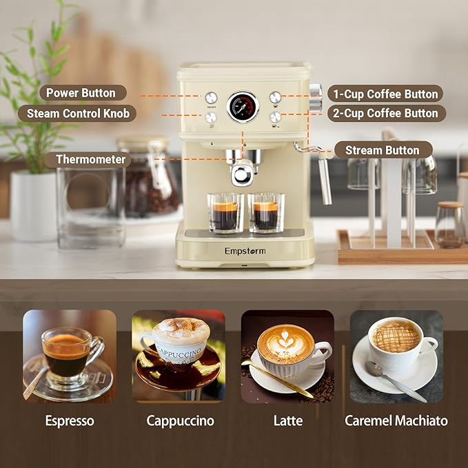 White Espresso Machine with Milk Frother, Cappuccino Machines for Home, Coffee Espresso Machine Suitable for Coffee Powder/NS Original Capsules, Espresso Maker with Thermometer