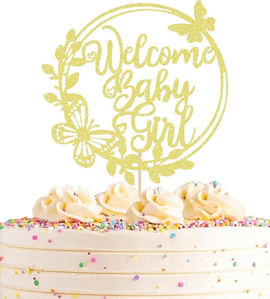 Welcome Baby Girl Cake Topper - Rose Gold Glitter Baby Shower Cake Decorations, Baby Girl Cake Topper, for Baby Shower/Birthday Party/Gender Reveal Party Photo Booth Props (Gold)