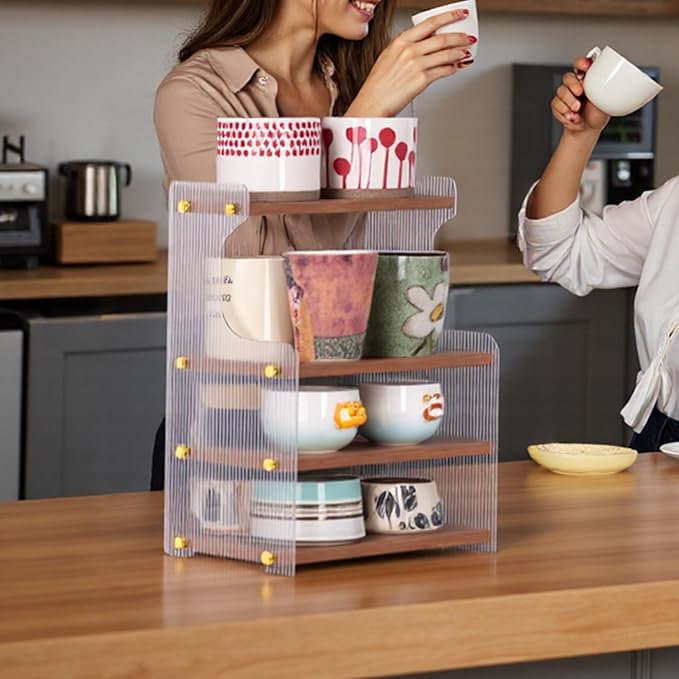 Coffee Mug Holder Wooden Cup Station Organizer 4-Tier Cup Holder for Coffee Bar Mug Display Rack for Countertop Mug Holder Shelf for Home Kitchen Wood