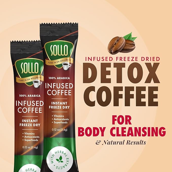 Sollo Detox Infused Instant Coffee Sticks (24 Servings) Weight Loss, Healthy Body Support, Slim, Medium Roast, 100% Arabica & Freeze Dried Coffee in Single Serve Sticks.