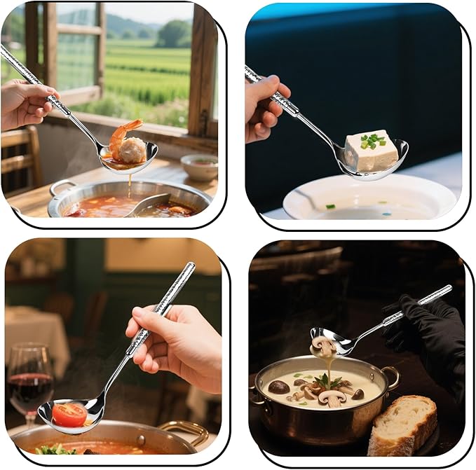 18/8 Stainless Steel Slotted Serving Spoon, 9.4" Metal Kitchen Strainer Spoon for Hot Pot, Pasta, Vegetables, Dishwasher Safe, Hammered Design with Round Handle