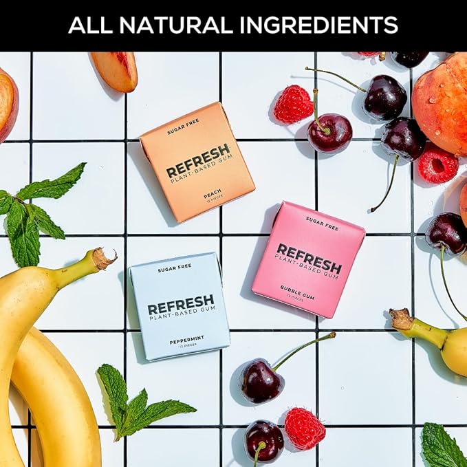 Refresh Gum, Xylitol, Sugar Free, Natural, Long Lasting Chewing Gum, Natural Flavors & Organic Ingredients, Plant-Based, Non GMO, Gluten Free, Vegan, Peppermint, Bubble Gum & Peach, 12 Pcs, 6 Pack