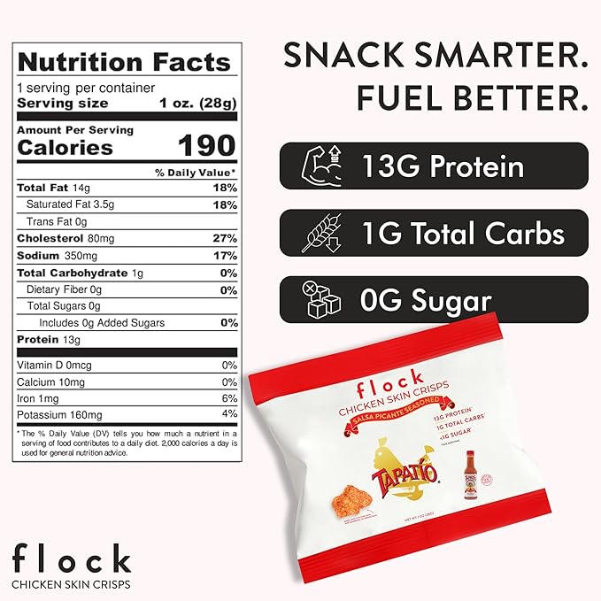 Flock Keto Chicken Skin Chips | Tapatio Flavor | Low Carb, High Protein, Sugar Free, Gluten Free Fried Chicken Skins for People | (1oz) 8-Pack Crispy Flock Chips