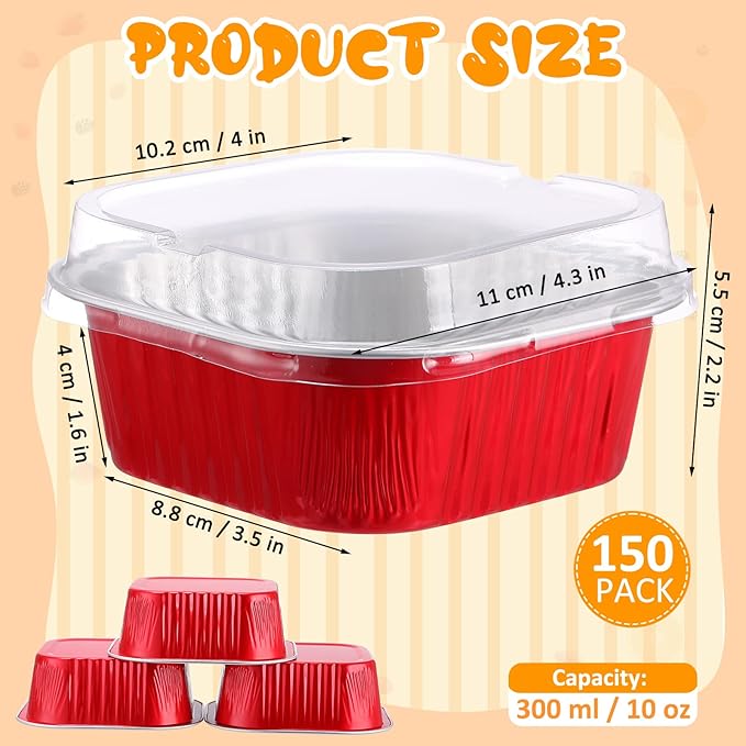 Aoriher 150 Pieces 10 oz Mini Cake Pans with Lids Aluminum Foil Baking Cups Square Disposable 4" x 4" Large Cupcake Cups Baking Tins for Kitchen Brownie Pudding Desserts Holders(Red)