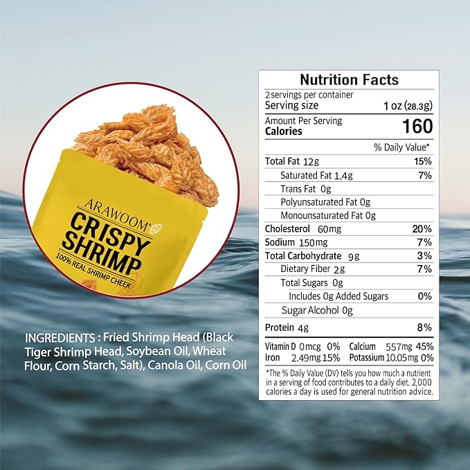 ARAWOOM - 100% Real Black Tiger Shrimp Head Crisps, Original Pack [2oz, Pack of 3], Crispy Seafood Snack, High-Protein Crunch, Crunchy On-the-Go Treat