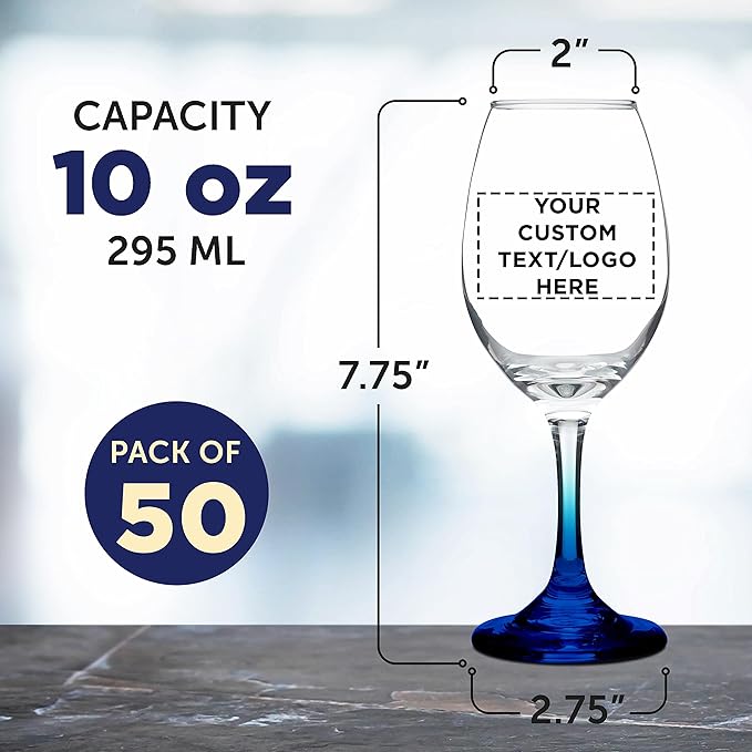 Custom Rioja Wine Glasses with Stem 10 oz. Set of 50, Personalized Bulk Pack - Color Bottom, Perfect for Wedding, Party Favors, Birthday, Bridal Shower Gifts - Blue