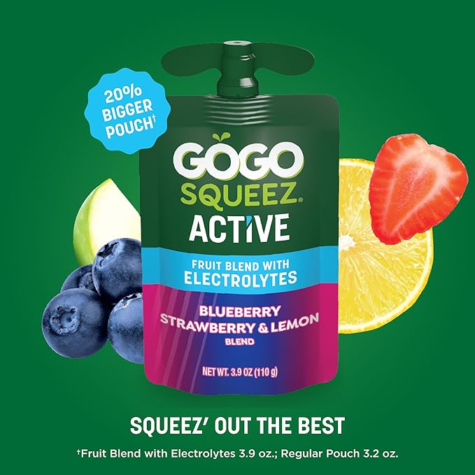 GoGo squeeZ Active Fruit Blend with Electrolytes | 18-Count Variety Pack | Blueberry Strawberry Lemon & Strawberry Pineapple Orange | Made with Real Fruit and Antioxidants Vitamin A, Vitamin E, & Vitamin C