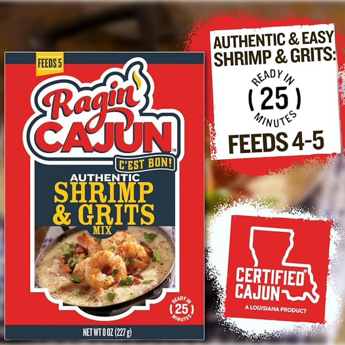 Ragin' Cajun Authentic Shrimp & Grits - 8 oz Box, Gluten-Free, No MSG - Louisiana Creole Meal, Ready in 25 Minutes
