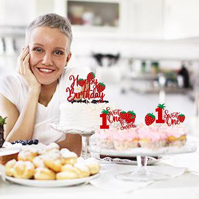 25 Pack Sweet One Cupcake Toppers Glitter First Birthday Strawberry Cupcake Picks for Fruit Baby Shower 1st Birthday Berry Sweet Cupcake Decorations Party Supplies Red