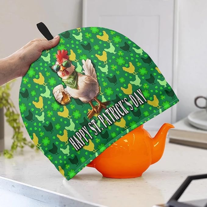 St. Patrick's Tea Cozy Decorative Insulated Tea Cosy with Top Handle Stain Resistant Durability Rooster Chick Clover Teapot Cover Resuable Teapot Lids for Housewife, Friend, Mom, Family