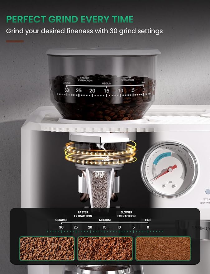 Espresso Machine with Grinder, Multifunctional Espresso Machine with Powerful Milk Frother 58MM Cafì±?Level Espresso Coffee Machine 15 Bar Cappuccino & Latte Machine for Home Stainless Steel