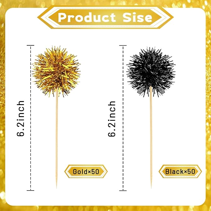 MEMOVAN Foil Firework Cupcake Toppers 100PCS Sparkle Tinsel Cake Toppers Tinsel Drink Stirrer Gold Black Cake Cupcake Decoration Cocktail Picks for Birthday Wedding Graduation Party Supplies