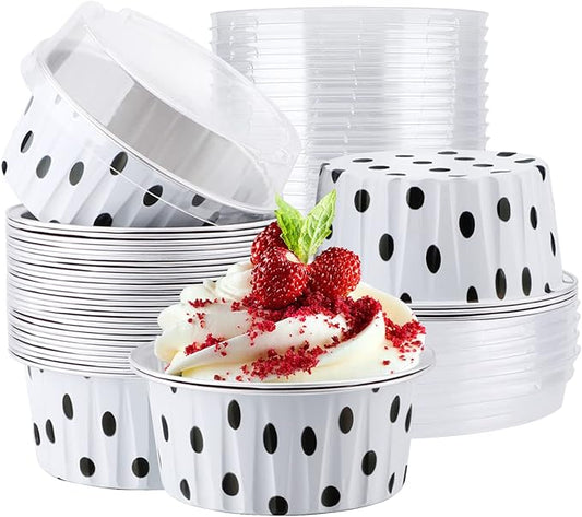 EUSOAR Aluminum Foil Muffin Liners, 30pcs 5oz Aluminum Foil Muffin Liners Cupcake Baking Cups, Mini Pie Pans with Lids, Disposable Foil Baking Cups Containers for Creme Brulee or Cupcake-Polka Dot