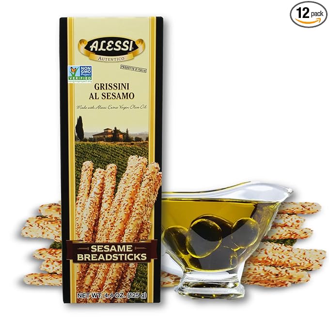 Alessi Imported Breadsticks, Sesame Autentico Italian Crispy Bread Sticks, Low Fat Made with Extra Virgin Olive Oil, 4.4oz (Sesame, 4.4 Ounce (Pack of 12))