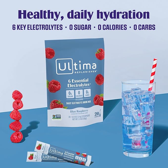 Ultima Replenisher Daily Electrolyte Powder Drink Mix ??Sugar Free ??Blue Raspberry, 20 Stickpacks ??Hydration Packets with 6 Electrolytes and Trace Minerals ??Keto Friendly, Vegan, Non-GMO