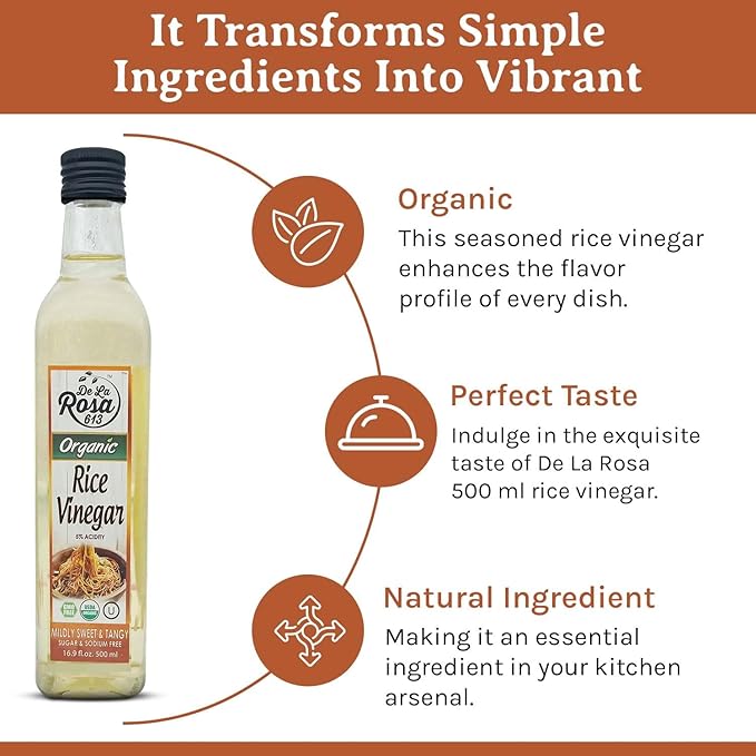 De La Rosa Organic Rice Vinegar 5% Acidity, Kosher, Great for Cooking, Sushi, Salad and more | 16.9 Oz (Pack of 1)