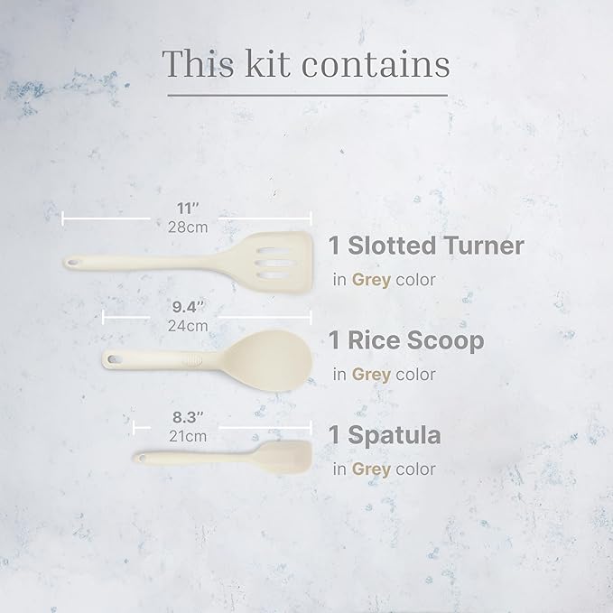Silicone Utensils 3-Piece Set ??Rubber Spatula, Slotted Turner, and Rice Paddle ??Complete Heat-Resistant Set for Non-Stick Cookware ??Kitchen Tools and Accessories for Cooking & Baking ??Cream