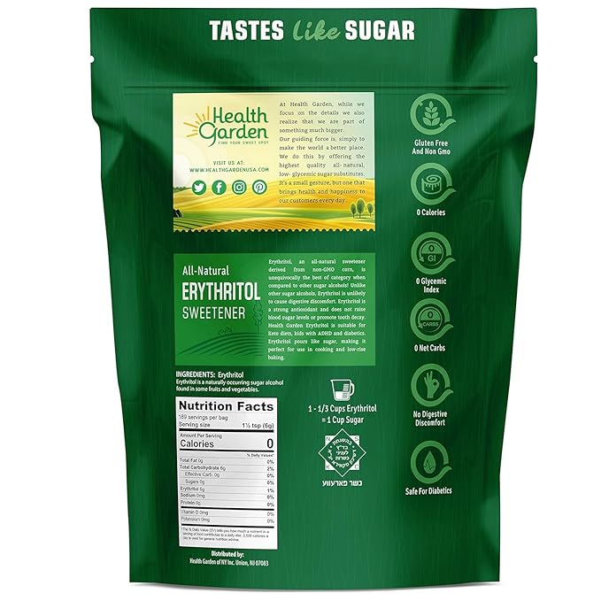 Health Garden Erythritol Sweetener - Non GMO - Gluten Free - Sugar Substitute - Keto Friendly - Tastes Like Sugar (2.5 lbs)