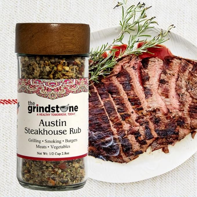 The Grindstone, Austin Steak Rub, Salt-Free dry rub for steaks, tacos, burgers, veggie burgers, stuffing, glass Jar with sifter, 2.8 oz, Pack of 2