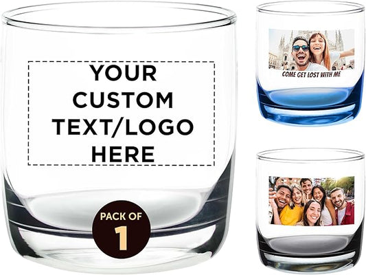Custom Whiskey Glasses 10 oz Set of 1, Personalized text, logo and picture - Heavy Base Old Fashioned Glass, Perfect for Scotch, Bourbon, Whiskey, Cocktail - Clear Bottom Color