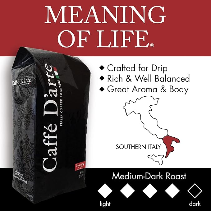 Caffe D'arte Meaning of Life Ground Coffee ??Medium Dark Roast, Rich & Well-Balanced Flavor with Great Aroma, Crafted for Drip Brewing, Fresh Roasted in Seattle - 5 Pounds