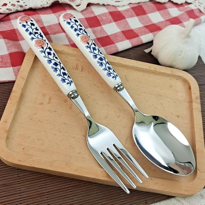 20cm 8inch Dinner Fork Soup Spoon 18-10 Stainless Steel Mirror Smooth Polished Ceramic Handle,Peony Pastoral Whisper Style Table Forks, SUS304 Steak Fork (1 PCS Fork+1 PCS Spoon Peony)