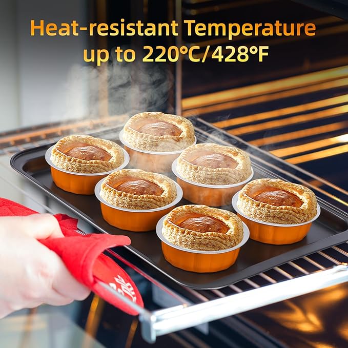 Beasea Ramekins Baking Cups with Lids, 120 Pack 8 oz 4 Inch Mini Disposable Orange Aluminum Foil Creme Brulee Baking Cups Small Round Cupcake Tart Pie Tins Pans Individual Containers Oven Safe