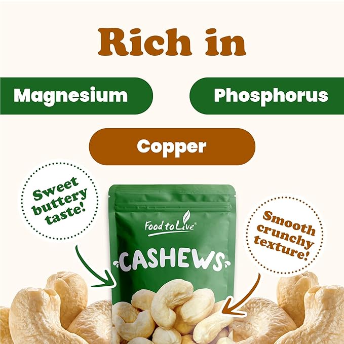 Food to Live Raw Cashews, 1 Pound ??Non-GMO Verified, Deluxe Whole Nuts, Unsalted, Unroasted, Size W-320, Vegan, Kosher, Bulk