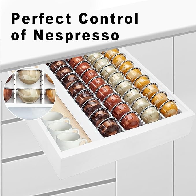 MinBoo Bamboo Coffee Pod Storage Holder Drawer Insert for Counter Compatible with Vertuoline Capsules for Kitchen, Home, Office, Coffee Station,white