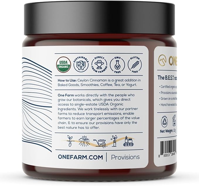 Organic Ceylon Cinnamon, Single Estate, Freshly Ground Premium Sri Lanka Cinnamon, Non-GMO, Fair-Trade & Gluten Free in Resealable Jar for Cooking, Smoothies, Lattes & Tea