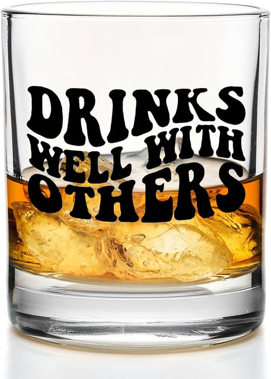 Funny Whiskey Glasses 10 oz, Drinking Gifts for Women Men, Drinks Well With Others Old Fashioned Rocks Glasses for Drinking Scotch Bourbon Cocktail Liquor Vodka