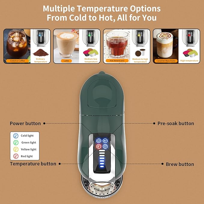 KOTLIE Espresso 5in1 Single Serve Coffee Maker, 19Bar Cappuccino&Latte Maker, Cold&Hot Brewing Coffee Machine for K*cup/NES*presso Original/D*olce G*usto/Ground Coffee/44mm ESE(Dark Green)