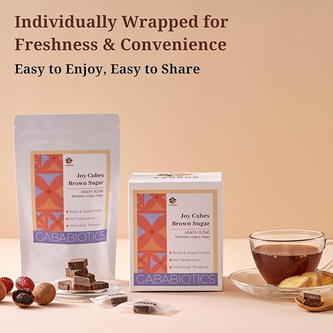 FOODHO GABA Joy Cubes Brown Sugar Cubes Health Blend with Ginger, Longan and Red Dates, Natural Muscovado Sugar, Soothing Ginger Tea, No Preservatives, 70 cubes