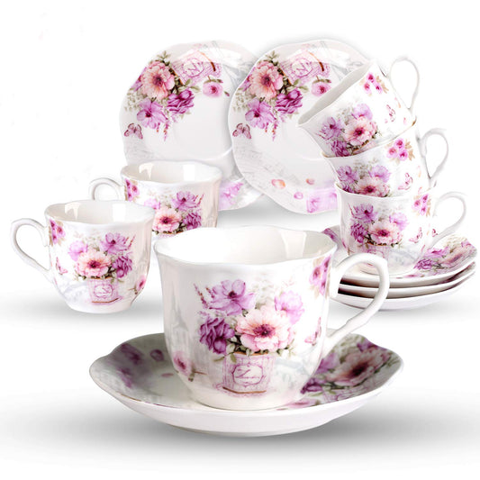 GuangYang 7 oz Porcelain Tea Cups and Saucers set of 6,Purple Fancy Floral Pattern (Perfect for