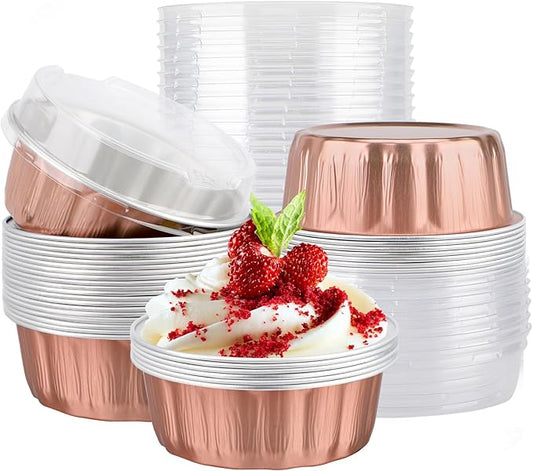 EUSOAR Aluminum Pans with Lids, 25pcs 9oz Rose Gold Baking Cups Cupcake Liners, Cheesecake Container Bakery Cheesecakes Muffins Pie Round Wrappersfor Wedding Birthday Theme Party