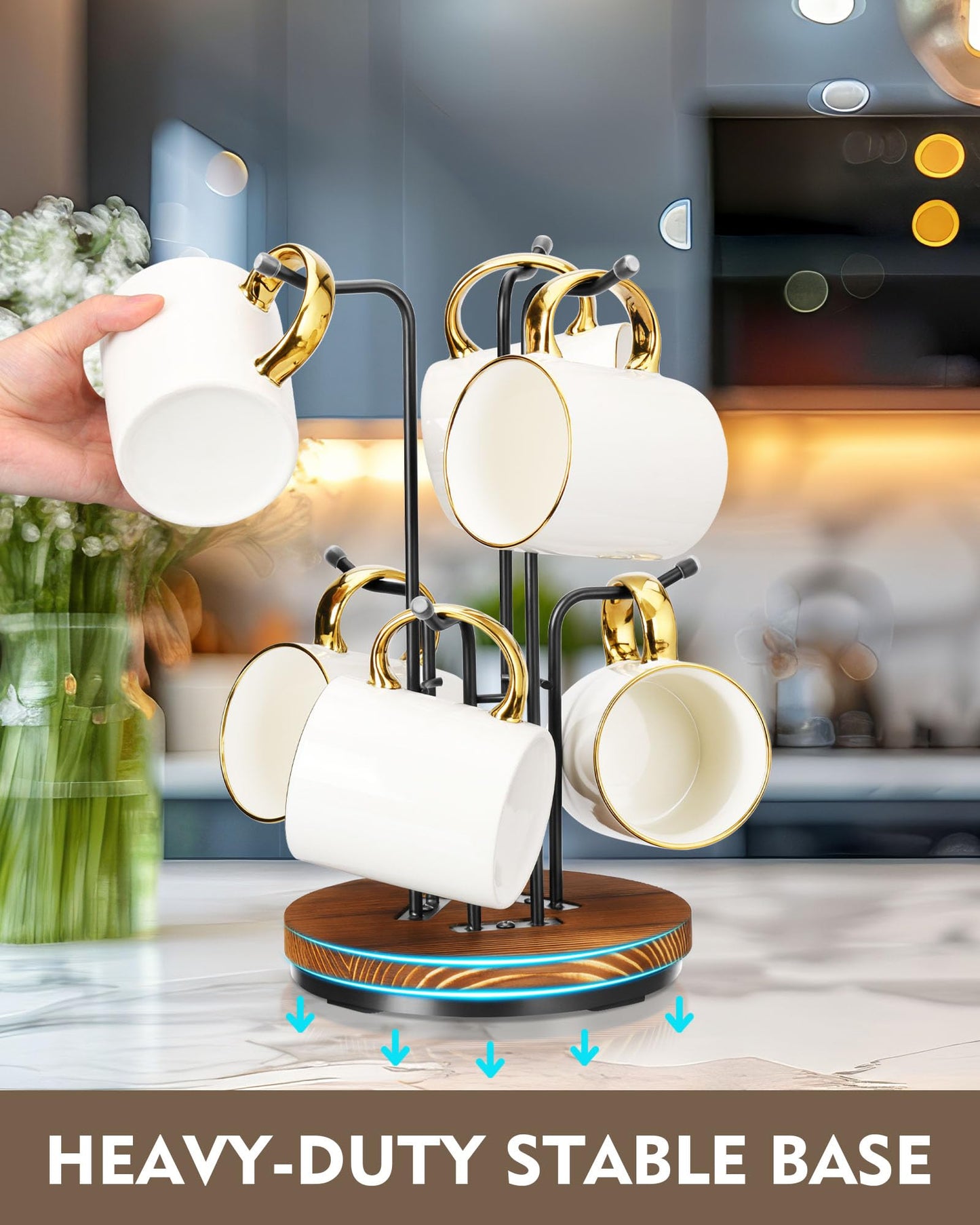 HULISEN 360° Rotating Mug Tree, Coffee Mug Holder for Large Cups, 6 Hooks