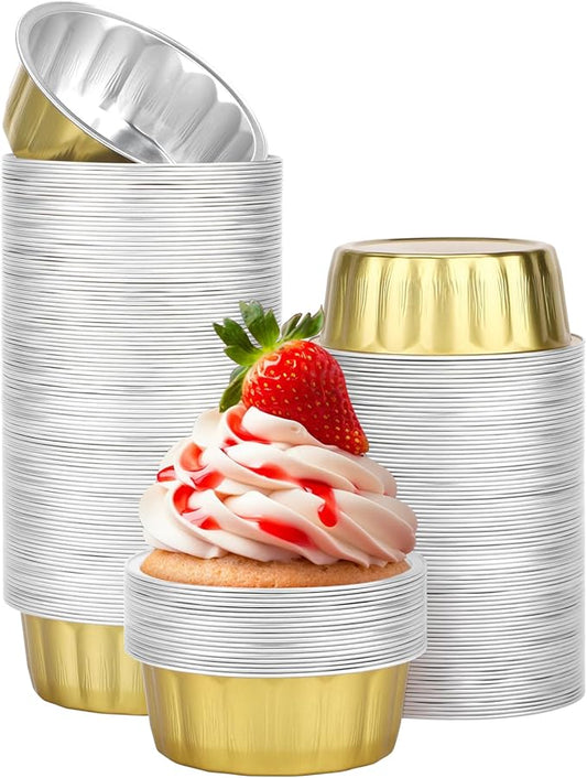 Beasea Disposable Aluminum Ramekins, 8oz 200 Pack Ramekins Foil Baking Cups 3.9" Ramekin Cup Cupcake Aluminum Mini Baking Cups for Party - Golden