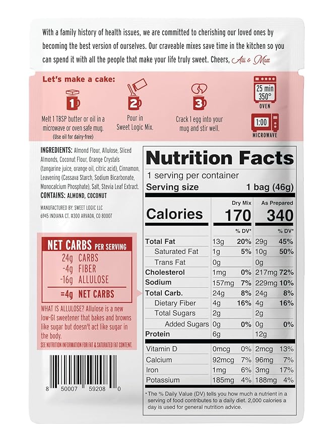 Sweet Logic Keto Dessert Mug Cake Mixes - Orange Almond - Low Sugar - Gluten-Free - Low Carb - Diabetic-Friendly Sweets - Natural Ingredients - High Protein - Delicious Keto Treats (4 Pack)