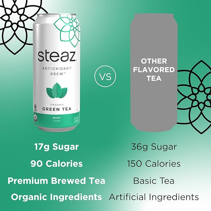 Steaz - Organic Green Tea - Mint (12 Pack) - Antioxidant Brew - 65mg Natural Caffeine, 90 Calories, Vitamin C - Cane Sugar Sweetened Iced Tea - Vegan, Fair Trade - 12 Cans, 16 fl oz (473mL)